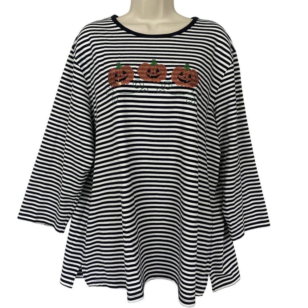 Halloween Top Womens‎ 2X Black White Striped Sequin Pumpkin Glam Tee Coral Bay